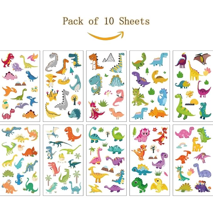 (Pack of 10 Sheets) Dinosaur Waterproof Temporary Tattoo Stickers for Kids Boys and Girls, Party Favors Decorations
