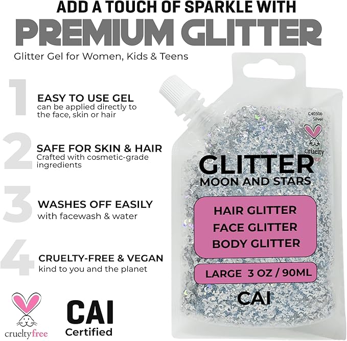 Hair Glitter Gel Body Glitter & Face Glitter for Women/Kids(2 Pk Red/Red) Chunky Iridescent Holograph Stars & Moon Cosmetic Grade Makeup Apply Without Glue Easy to Take Off & Keep Skin Clean