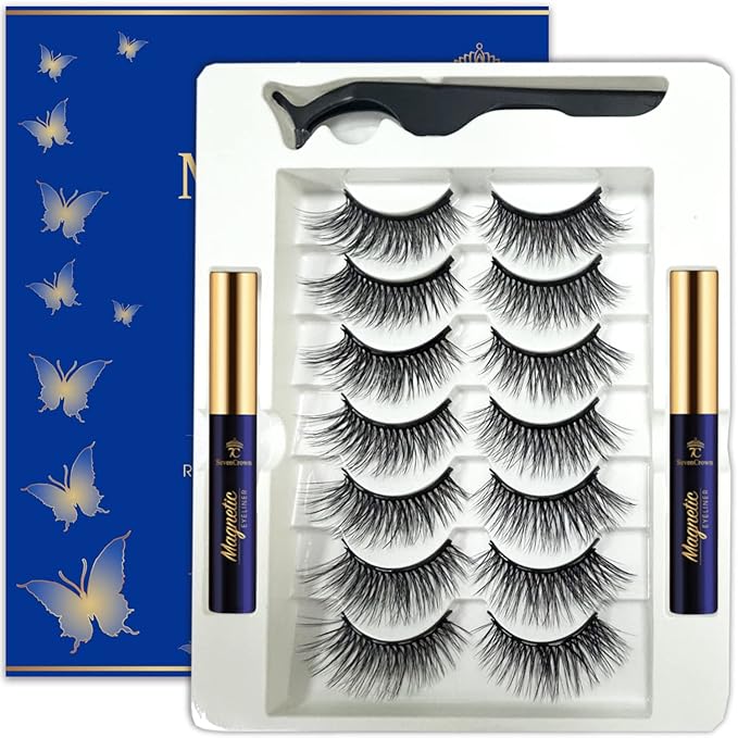 Magnetic Eyelashes with Eyeliner Kit,Cat-Eye Wispy Magnetic Lashes,False Eyelashes with Applicator,Reusable Magnet Lash Set,Natural Look,Easy,Cruelty-Free.7 Pairs