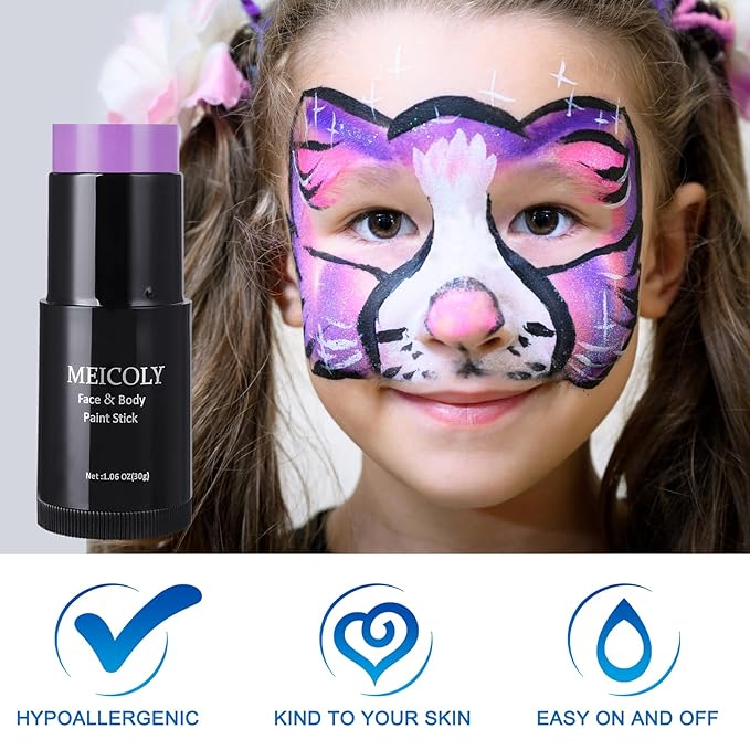 MEICOLY Purple Face Paint Stick(1.06 Oz),Cream Lavender Periwinkle Body Paint ,Sweatproof Waterproof Purple Eye Black for Sports,Violet Lilac Face Paint for Halloween SFX Ursula Cosplay,Light Purple