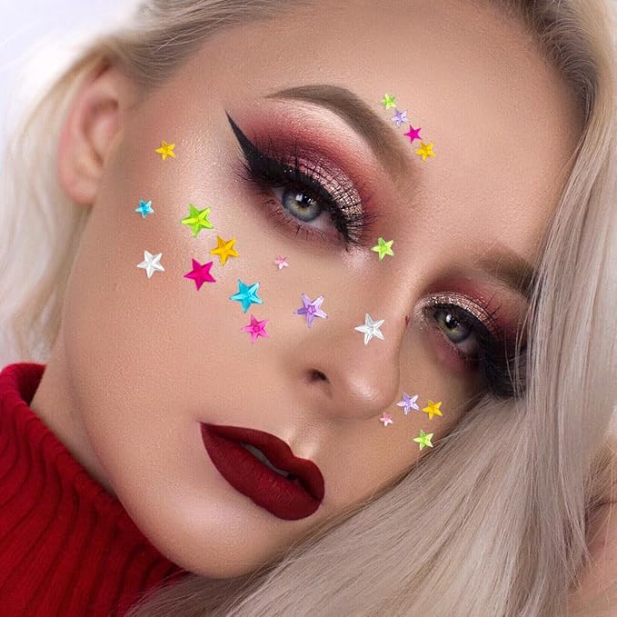Stars Pattern Face Gems Jewels Self Adhesive Rhinestones Halloween Rave Featival Makeup Body Face Eye Hair Gems Stickers Women Festival Accessory Crafts Decorations (Red Purple Pink Gold Blue Stars)
