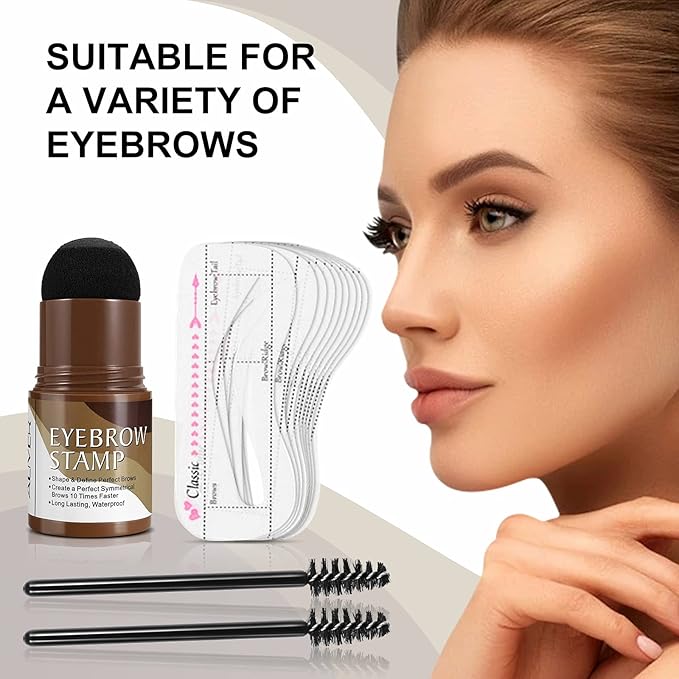Eyebrow Stamp Stencil Kit – Waterproof Brow Stamp Shaping Kit Eyebrow Definer with 2 Eyebrow Pen Brushes and 10 Eyebrow Buildable Brow Stencils, Natural Shape Brow Powder Makeup Tool (Dark Gray)