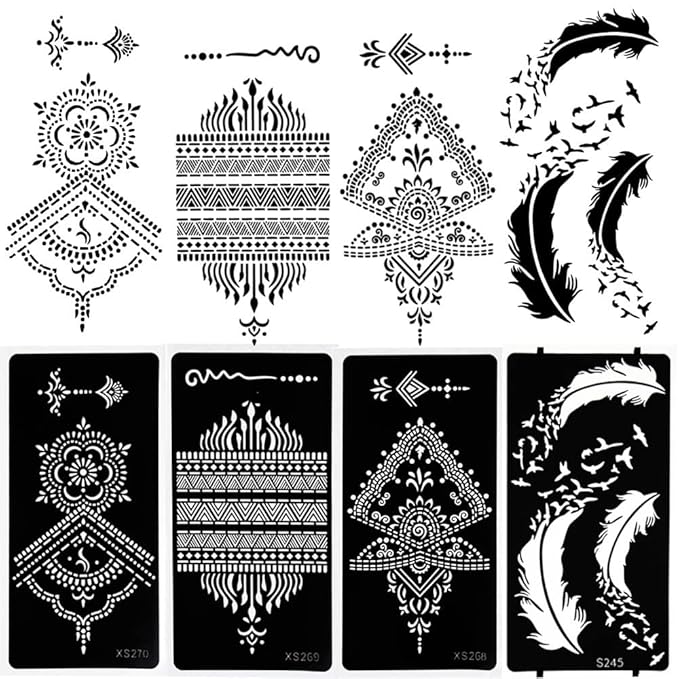 10 Sheets Henna Tattoo Stencil Kit Temporary Tattoo Stencils Arabian Tattoo Stickers for Face Paint Body Art, Reusable Templates 3 Layer Membrane