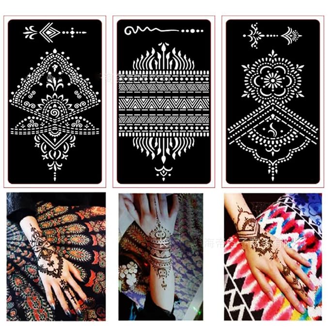 10 Sheets Henna Tattoo Stencil Kit Temporary Tattoo Stencils Arabian Tattoo Stickers for Face Paint Body Art, Reusable Templates 3 Layer Membrane