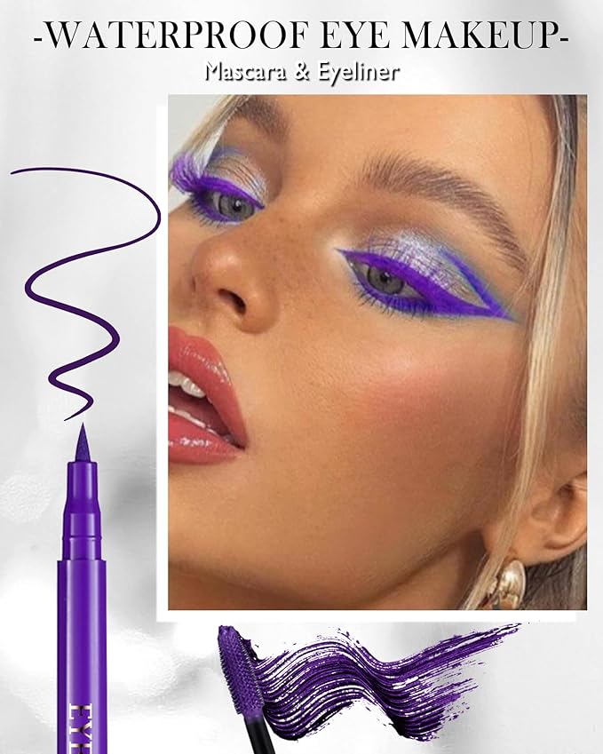Purple Waterproof Mascara & Eyeliner, 5D Silk Fiber Lash Extension Colored Tube Mascara Volume and Length,Long-Lasting Smudge-Proof Volumizing Colorful Máscara & Liquid Eyeliner Pen Set for Women