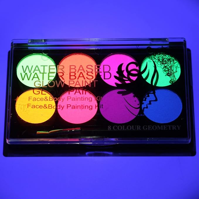 8 Colors UV Neon Glow in the Dark Face Paint,Water Activated Eyeliner Set Neon Rave Body Paint Palette,Water Based Fluorescent Face Painting Kit Halloween Washable for Kids