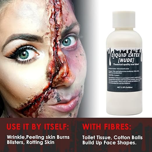 2.2 fl oz Liquid Latex Halloween SFX Makeup Kit, Clear Adhesive Latex Glue for Skin Special Costume Effects for Realistic Scar Cut Wounds Peeling Skin Wrinkes Burns, Light Flesh Body and Face Glue