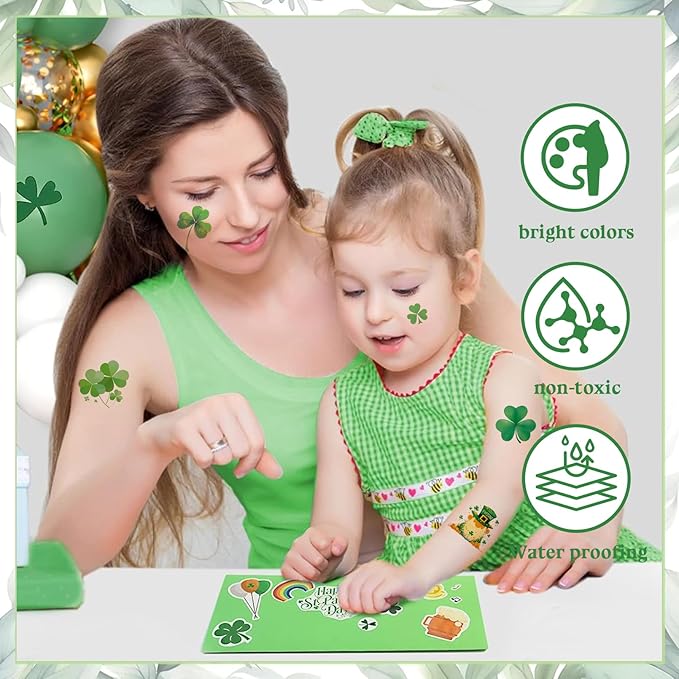 St. Patrick's Day Shamrock Decorations Temporary Tattoos & Face Stickers, Waterproof Saint Patrick's Day Clover Tattoos Art Make up Deco Irish Party Favors