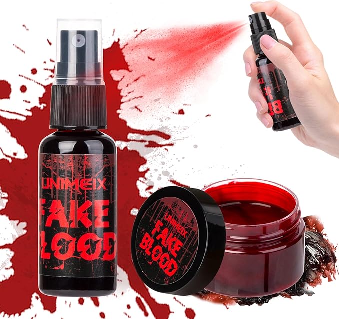 UNIMEIX 1 OZ Fake Blood Spray and 1 OZ Gel Fake Blood Makeup Kit Washable Sfx Makeup for Clothes Mouth Eyes,Stage Blood for Halloween Zombie Vampire Cosplay Party