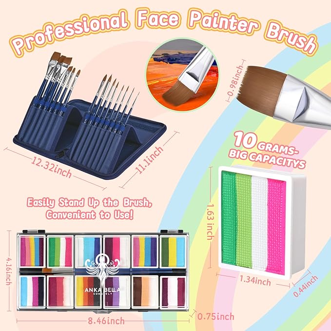 Professional Face Painting Kit for Kids,12X10gm Water Activated Rainbow Cake Face Paint with Stencil & Brushes,Hypoallergenic & Non-Toxic,Gift for Birthday Parties/Halloween/Carnival