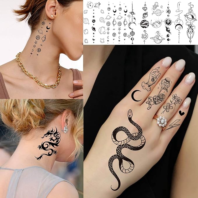 71 Sheets Small Cute Temporary Tattoos For Women Men Hands Neck Finger, Floral Space Moon Fake Long Lasting Tattoos Adults, Lavender Anchor Panda Halloween Snake Dragon Tiger Lion Animals Tattoos