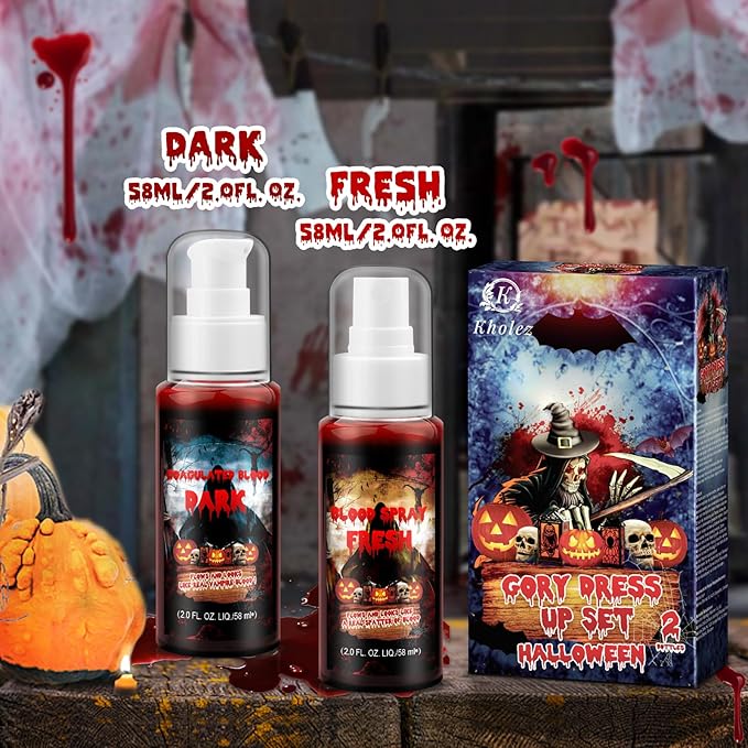 2PCS Halloween Fake Blood Makeup Kit, 2 oz Washable Fake Coagulated Blood +Fake Blood Spray, Special Effects Sfx Makeup, Realistic Fake Blood for Zombie, Vampire, Monster, Scary Clown Makeup