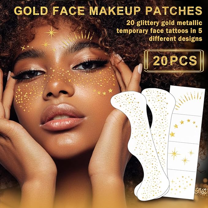 20 Sheets Glitter Freckles Face Tattoo Gold Glitter Freckles Temporary Face Tattoos Makeup Patches,Face Glitter Patches,Face Glitter Freckles Tattoos for Women