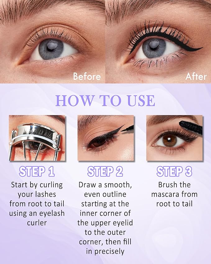 White Mascara Liquid Eyeliner Set,5D Waterproof Fiber Colored Mascara Volume and Length,Longlasting Smudgeproof Color Eye Liner Pen,Cosplay Party Stage Use,Halloween Makeup Gift Kit for Women Girl