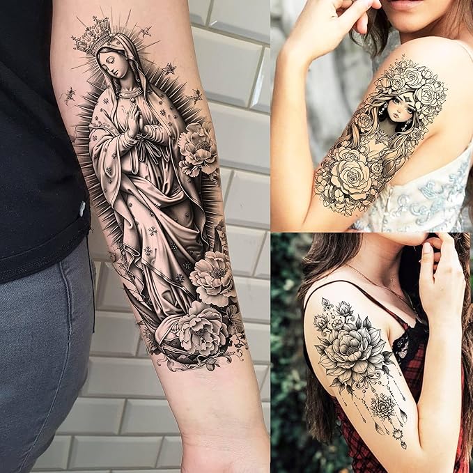75 Sheets Black Realistic 3D Rose Flowers Temporary Tattoos For Women Girls Adults, Guadalupe Virgin Mary Lotus Snake Peony Florals Blossom Fake Tattoo Stickers Forearm Lion Fox Spider Web Skull Lotus