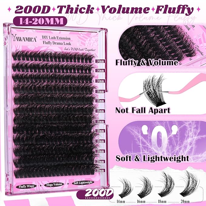 Yawamica Fluffier Lash Extension Kit Thick 200D Volume Eyelash Extension Kit 14-20mm Wispy Lash Clusters Kit D Curly Individual Lashes with Bond and Seal lash Tweezers DIY Cluster Eyelash Extensions