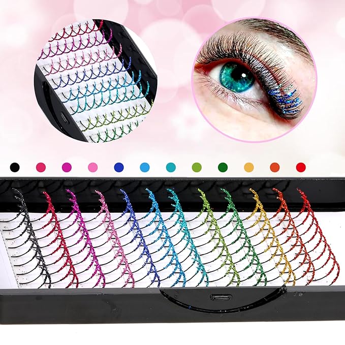 Glitter Lash Extensions 12 Colored Mix Single Lash Spike Eyelash Extension 120 Pcs D Curl Lashes 15mm Lash Extensions Wide Individual Lashes Cluster for Personal Makeup Soft False Eyelashes