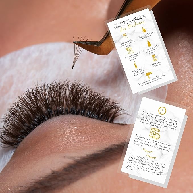 Spanish Lash Aftercare Instructions | 50pk | Cuidado Posterior de la Extensión de Pestañas | 2 x 3.5” inch Card for clients | Eyelash Extension Supplies marble gold beautiful, 2-3 week refills fillers