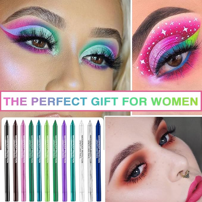 12 Colors Colorful Eyeliner Pencils Set Glitter Colored Eyeliner Pen Kit Metallic Pearl Green Purple White Blue Matte Eye Shadow Pencil Long Lasting Waterproof Professional Eye Makeup Pen Set (12Pcs)