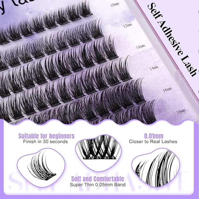 Self Adhesive Eyelashes Kit DIY Eyelash Extension Reusable Adhesive Eyelashes Press On Falsies No Glue No Remover Needed Self Stick Cluster Lashes and Tweezers(C02-0.07D Kit,10-18mm)