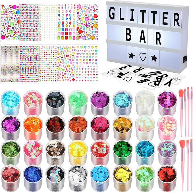 Maxdot The Glitter Bar Kit for Women Cinema Lightbox with Letters and Numbers 32 Colors Glitter Gem Stickers 2774pcs Gem Stickers Brushes for Girls Make Up Wedding Birthday Hen Holiday Party Gifts
