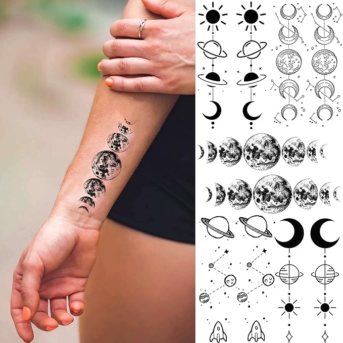 15 Sheets Realistic Space Planets Chain Temporary Tattoos For Women Men Arm Neck, Butterfly Solar System Moon Sun Star Fake Tattoo Sticker, Small Universe Tatoos Kids Girls Boys Forearm Body