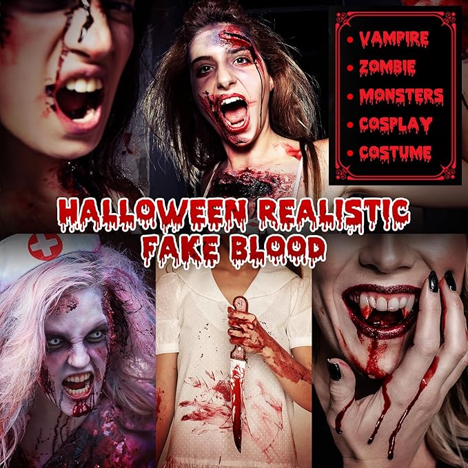 2PCS Halloween Fake Blood Makeup Kit, 2 oz Washable Fake Coagulated Blood +Fake Blood Spray, Special Effects Sfx Makeup, Realistic Fake Blood for Zombie, Vampire, Monster, Scary Clown Makeup