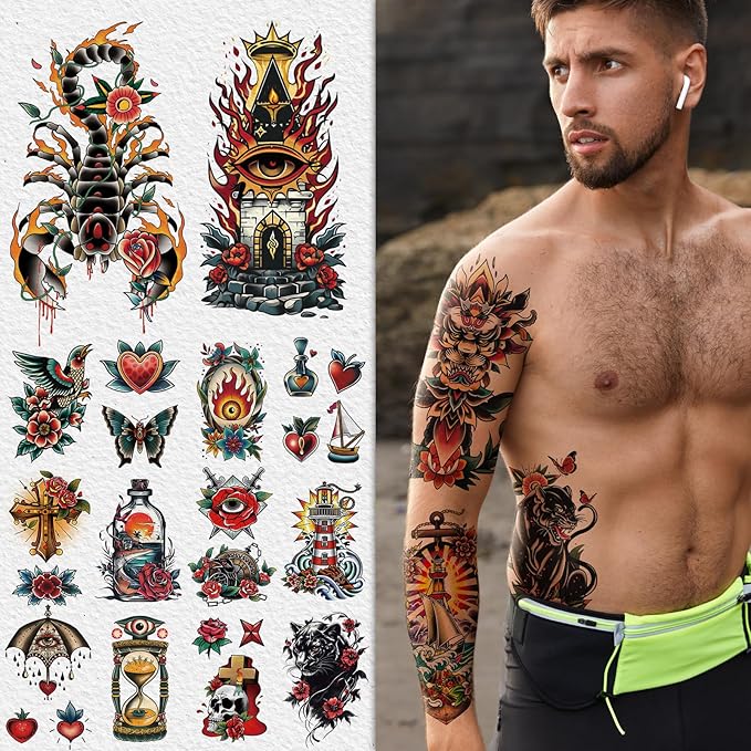 Cerlaza 79 Sheets Classic Temporary Tattoos for Adult Women Men, American Old School Fake Tattoos Sleeve, Realistic Traditional Colorful Flower Animal Half Arm/Tiny Tattoo Stickers