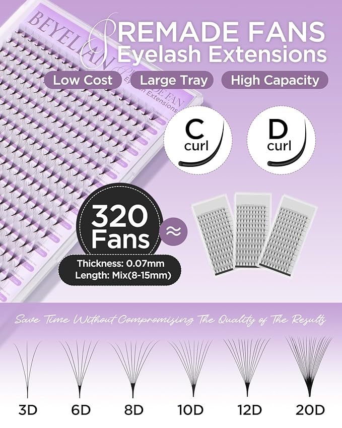 BEYELIAN Premade Lash Fans, 320 Fans Pre Made Fans Volume Lash Extensions 3D 6D 8D 10D 12D 20D 0.07 C/D Curl Save Time Eyelash Extensions for Professional Salon, 8-15mm MIX Easy to Use (12D-0.07-D)