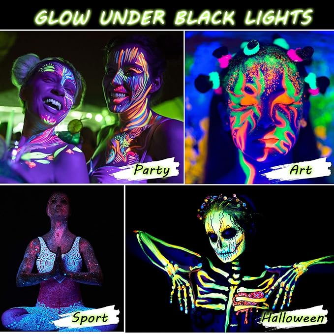 CCbeauty Large UV Glow Face Body Paint Palette, 8 Neon Glow In BlackLights Painting Kit, Water Activated Eye Liner, Safe Washable for Kids Adult, Halloween Costume Masquerades Club Makeup + 10 Brushes