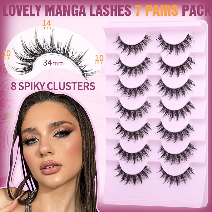 EYDEVRO Manga Lashes Wispy False Eyelashes 3D Spiky Lashes Natural Clear Band Lashes Korean Chinese Japanese Anime Lashes Fake Lashes Strip Lashes 7 Pairs Pack