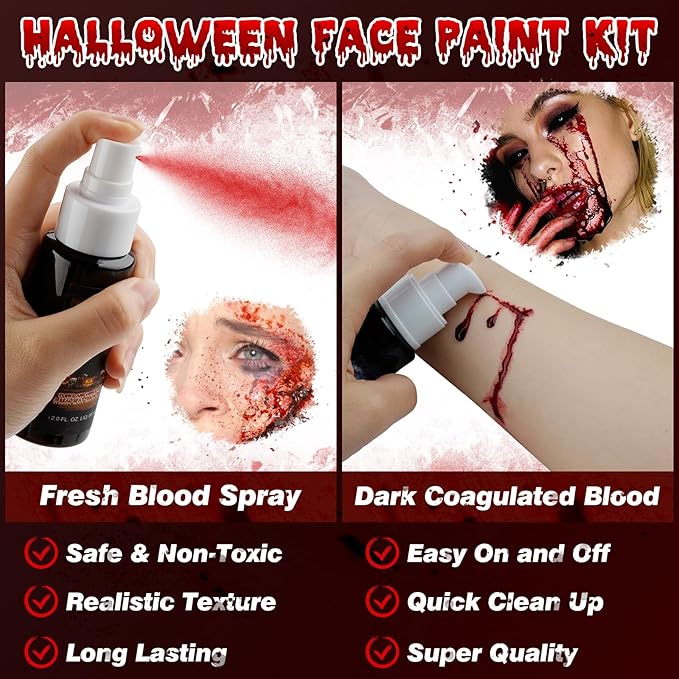 2PCS Halloween Fake Blood Makeup Kit, 2 oz Washable Fake Coagulated Blood +Fake Blood Spray, Special Effects Sfx Makeup, Realistic Fake Blood for Zombie, Vampire, Monster, Scary Clown Makeup