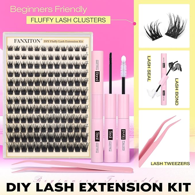 Wispy Lash Clusters Kit Lash Extension Kit Natural Cluster Lashes D 8-16mm Clusters Eyelash Extensions Thick Lashes Cluster Flat Individual Lashes with Lash Bond and Seal Tweezers