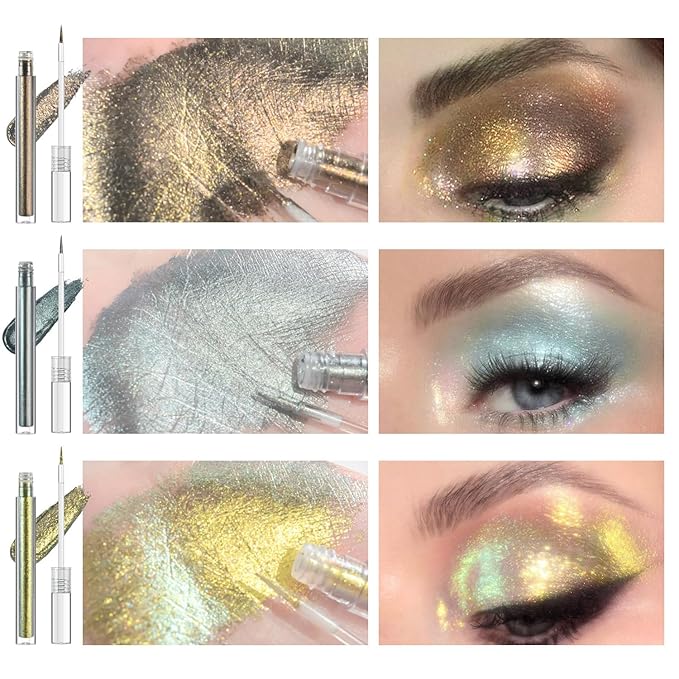 Multichrome Liquid Eyeshadow Set,3 Colors Multi-Dimensional Eye Liner Makeup,High Pigment Waterproof Metallic Eyeshadow,Ultre Fine Tip Glitter Eyeshadow (07 bronzer+08 armor+09 gold)