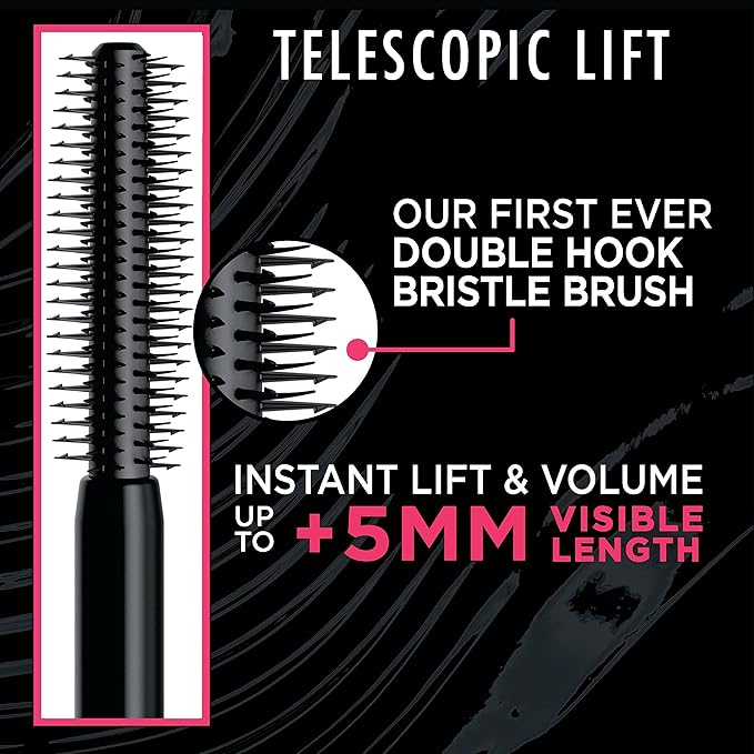 L'Oreal Paris Telescopic Lift Mascara, Lengthening and Volumizing Eye Makeup, Lash Lift with Up to 36HR Wear, Washable, Blackest Black, 0.33 Fl Oz