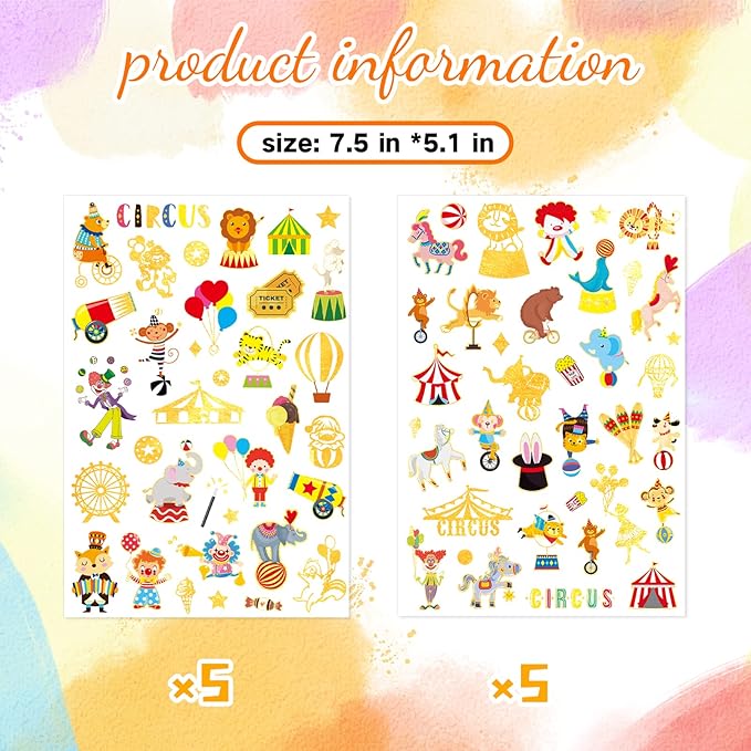 Glitter Circus Carnival Temporary Tattoo Stickers 360 Count Gold Red White Party Favors Goodie Bags Decor Waterpoof Fake Tattoos Art Craft for Kids Circus Carnival Birthday Supplies Gifts