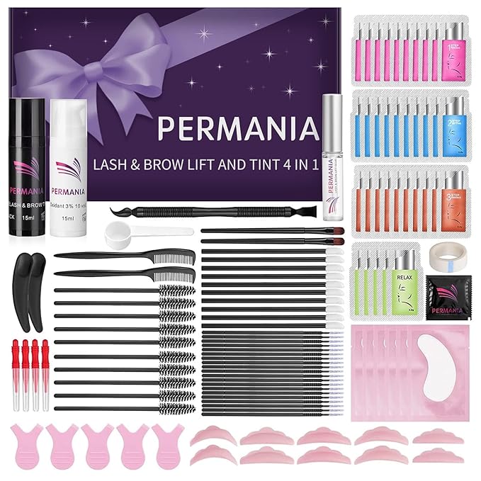 PERMANIA Lash Lift Kit with Black Color, Eyelash & Brow Lamination 4 IN 1 Black Color Make Lash Perm Voluminous and Curl for Salon & Home(Black)