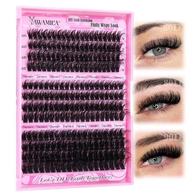 Yawamica Fluffier Eyelash Clusters Wispy Lash Extension 60D+80D+90D Thick Volume Individual Lashes 12-18mm Cluster Lashes D Curly Cluster Eyelash Extensions 240pcs DIY Lash by Self