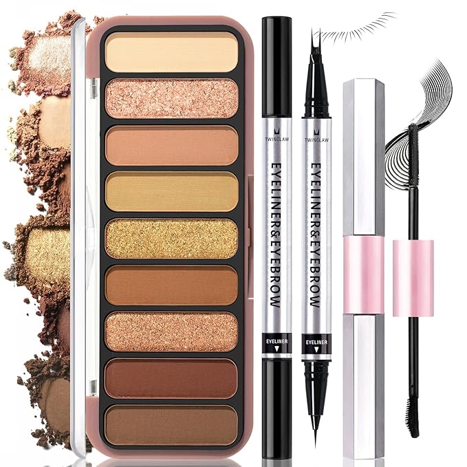 All in One Eye Makeup Kit -9 Colors Naked Eyeshadow with Brush, 2 in 1 Lower Lash & Eyebrow Pen, Mascara, Daily Eye Cosmetics Set for Beginner Everyday Eye Makeup Gift for Women Teens Girls