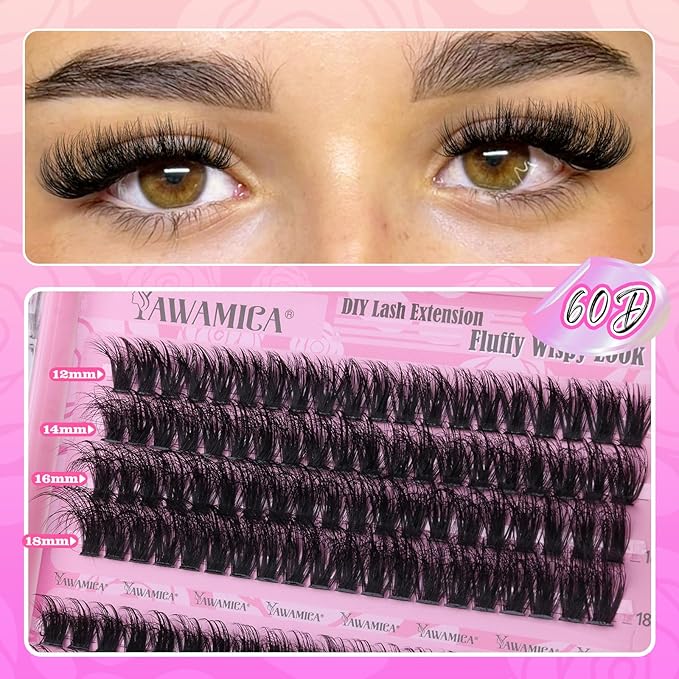 Yawamica Fluffier Eyelash Clusters Wispy Lash Extension 60D+80D+90D Thick Volume Individual Lashes 12-18mm Cluster Lashes D Curly Cluster Eyelash Extensions 240pcs DIY Lash by Self