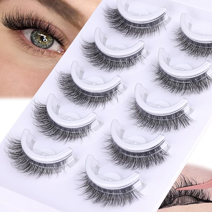 Natural Self Adhesive Eyelashes Pre Glued Lashes Cat Eye Reusable Self Adhesive Lashes No Glue Needed Press On Lashes without Eyeliner D-curly Wispy Strip False Eyelashes Natural Look by YDAGKH