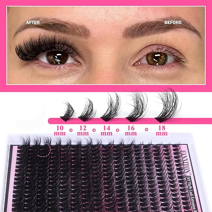 FANXITON DIY Lash Extension Kit Full Lash Clusters 288 pcs Thick Lash Clusters Kit D 10-18 mm Cluster Eyelash Extension Kit with Lash Bond and Seal Lash Tweezers Individual Lashes For Beginners