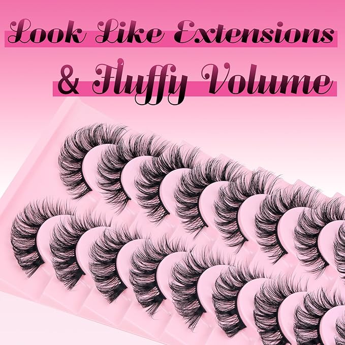 Ahrikiss Russian Strip Lashes D Curl False Eyelashes Fluffy Wispy Faux Mink Lashes 10 Pairs Pack (D07)
