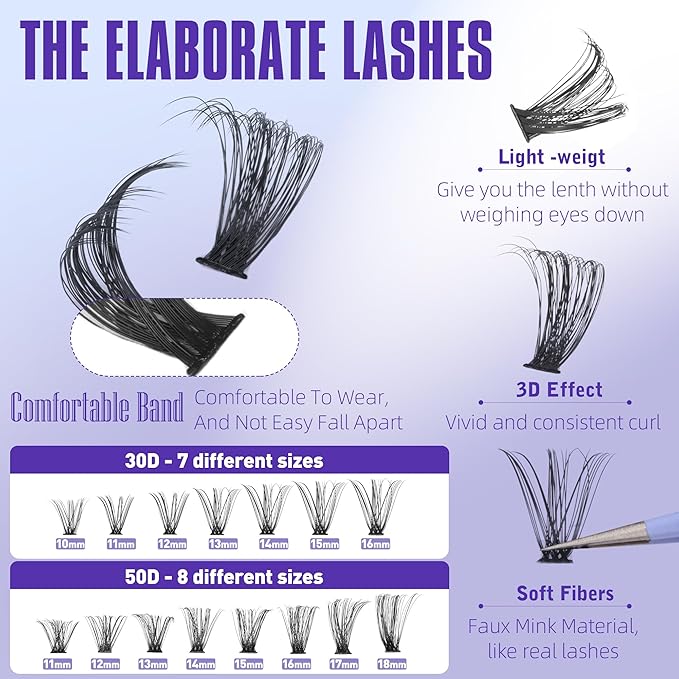 Geeneiya Natural Lash Clusters Kit 30D+50D Wispy Lash Extension Kit 10-18mm Cluster Eyelash Extensions Kit Natural Individual Lashes with Waterproof Lash Bond and Seal, Lash Tweezers (300Pcs)