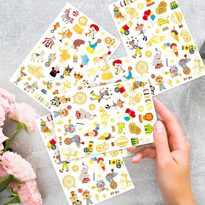 Glitter Circus Carnival Temporary Tattoo Stickers 360 Count Gold Red White Party Favors Goodie Bags Decor Waterpoof Fake Tattoos Art Craft for Kids Circus Carnival Birthday Supplies Gifts