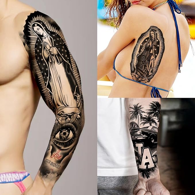 18 Sheets Chicano Full Arm Temporary Tattoos For Men Women Thigh, Chicana Guadalupe Joker Gangster Nun Girl Fake Sleeve Tattoos For Adults, Temp Bulk Jesus Christ Prison Black Halloween Tattoo Sticker
