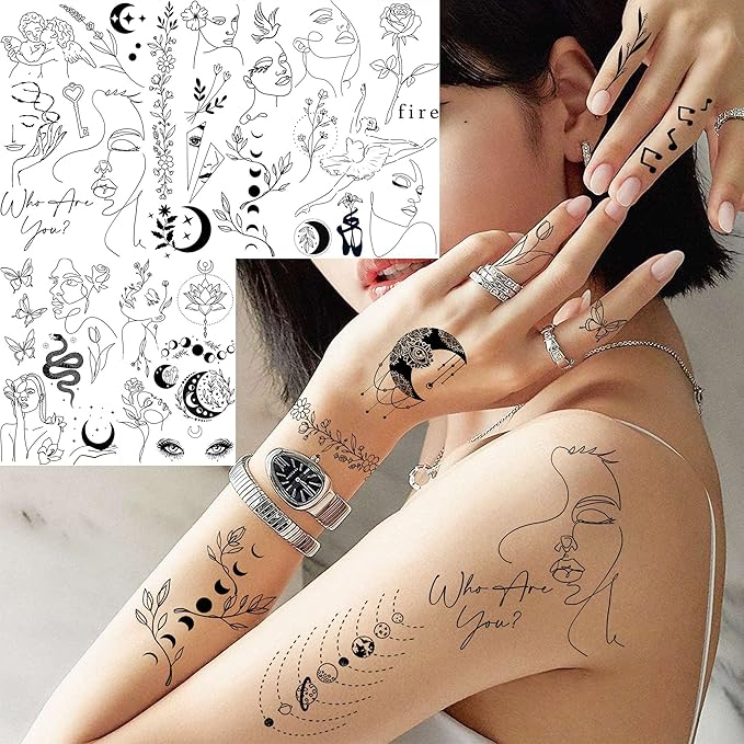 28 Sheets 220+ Minimalism Temporary Tattoos - Moon, Sun, Stars, Snakes, Flowers for Women, Men, Adults, Kids