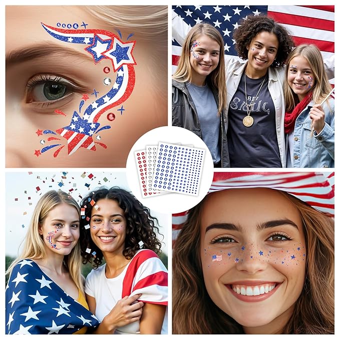 EMOME 16 PCS Gold Glitter Faux Freckles & 6 PCS 4th of July Faux Freckles & 14 PCS Independece Day Face Tattoos with 3 Sheets Face Gems