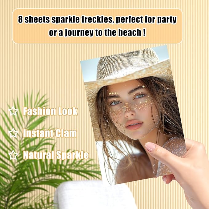 Glitter Freckles Face Tattoo, Sparkle Face Makeup Patches, Gold and Silver Freckles Face Makeup Patches, Waterproof Temporary Face Tattoos, Face Glitter Speckles Patches, 8 Sheets