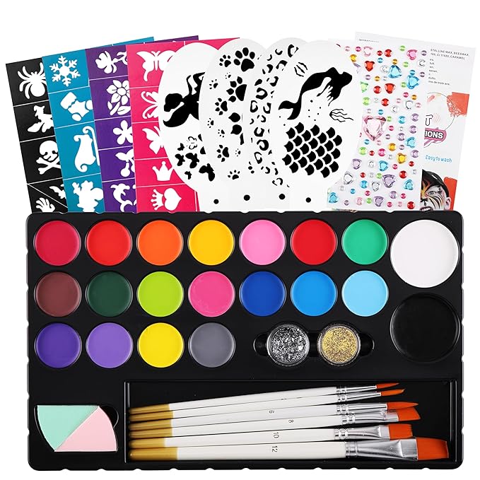 CCbeauty 180pcs Face Painting Kit for kids - 20 Water Based Kids Face Paint Non Toxic Sensitive Washable with 40+4 Reusable Stencils 6 Wood Brushes Glitter,Christmas Birthday Cosplay Costume Party